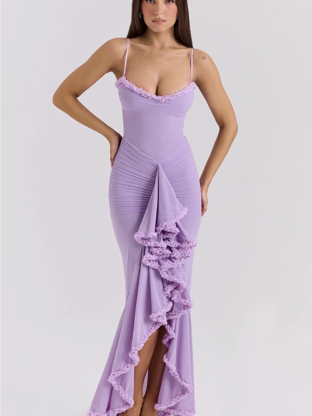 HOUSE OF CB gabby Lavender Ruffle-Trim High-Low Spaghetti Strap Dress